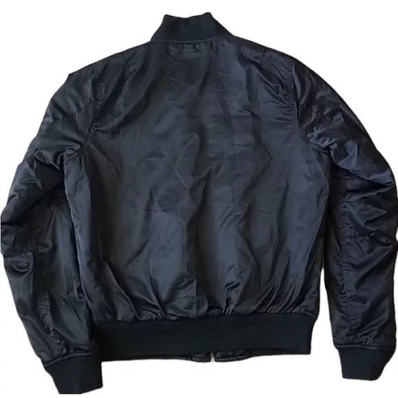 Y2K Bomber Jacket L Black Satiny Full Zip  Patches 42” Bust - Picture 2 of 10